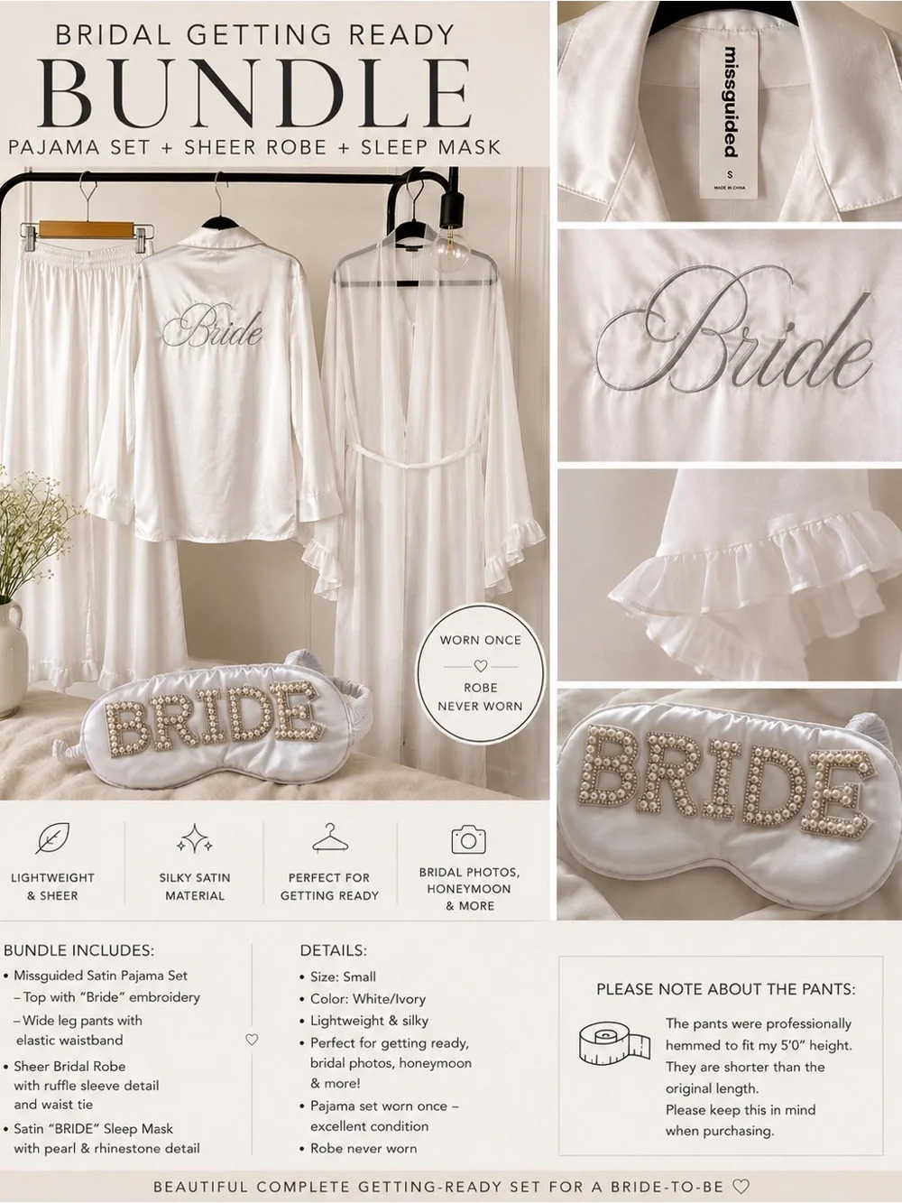 Missguided Bridal Getting Ready Bundle Pajamas Robe + Bride Sleep Mask Size S